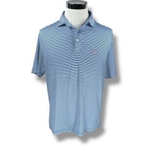 Rhoback Polo Shirt Men’s Medium Blue White Striped Pink Golf Short Sleeve READ
